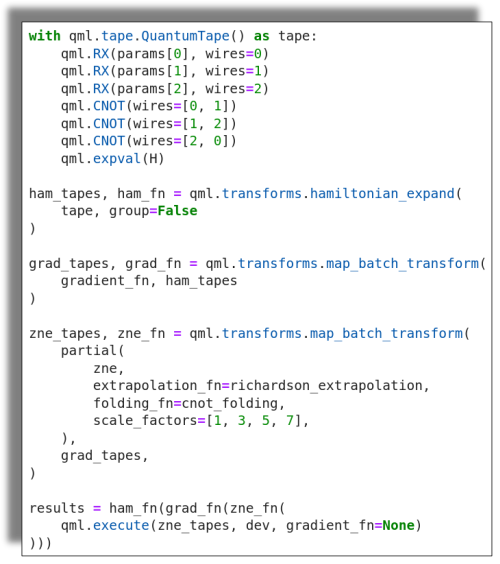 Differentiable quantum transforms being used in an error mitigation pipeline.